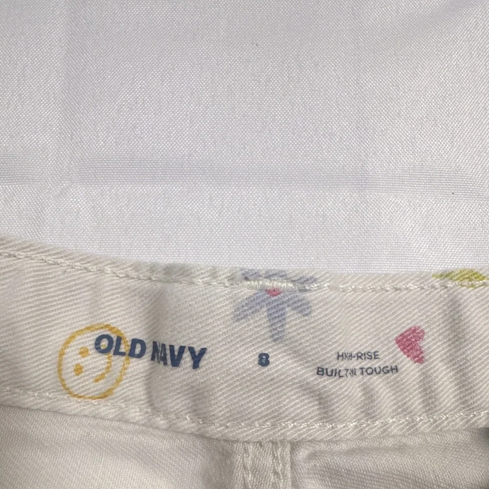 Old Navy Girls 8 White Denim Cut-Off Shorts Hearts Flower Smiley Button Pockets